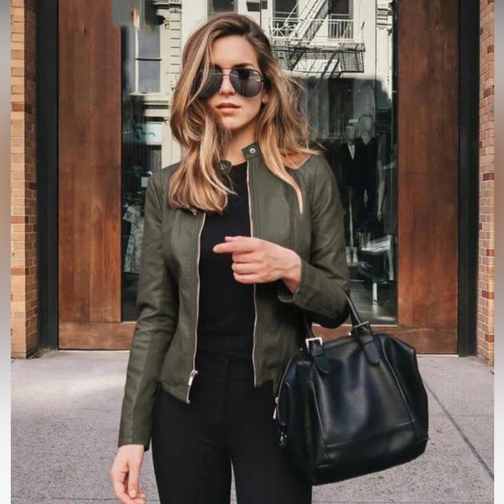 Cielo Dark “Army” Green Faux Leather Moto Jacket